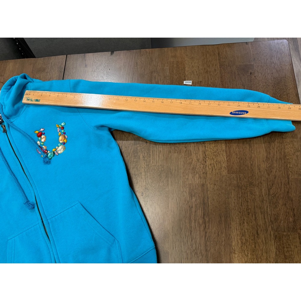 Cowgirl Hardware Turquoise Rhinestone Horseshoe Satin Lined Zip Hoodie Medium - Picture 9 of 9